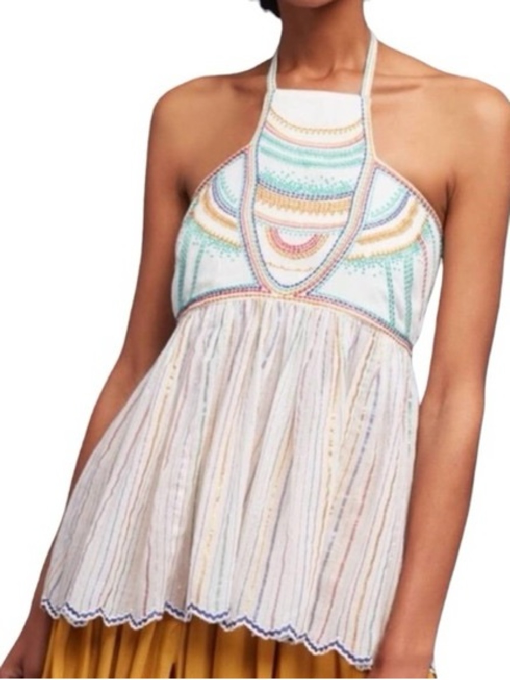 Anthropologie White Halter Top with Pastel Embroidery